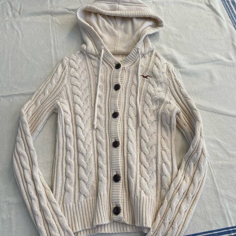 Vintage Y2k Hollister Grail Rabbit Hair Cable Knit Gooded Button Up Sweater Sz L